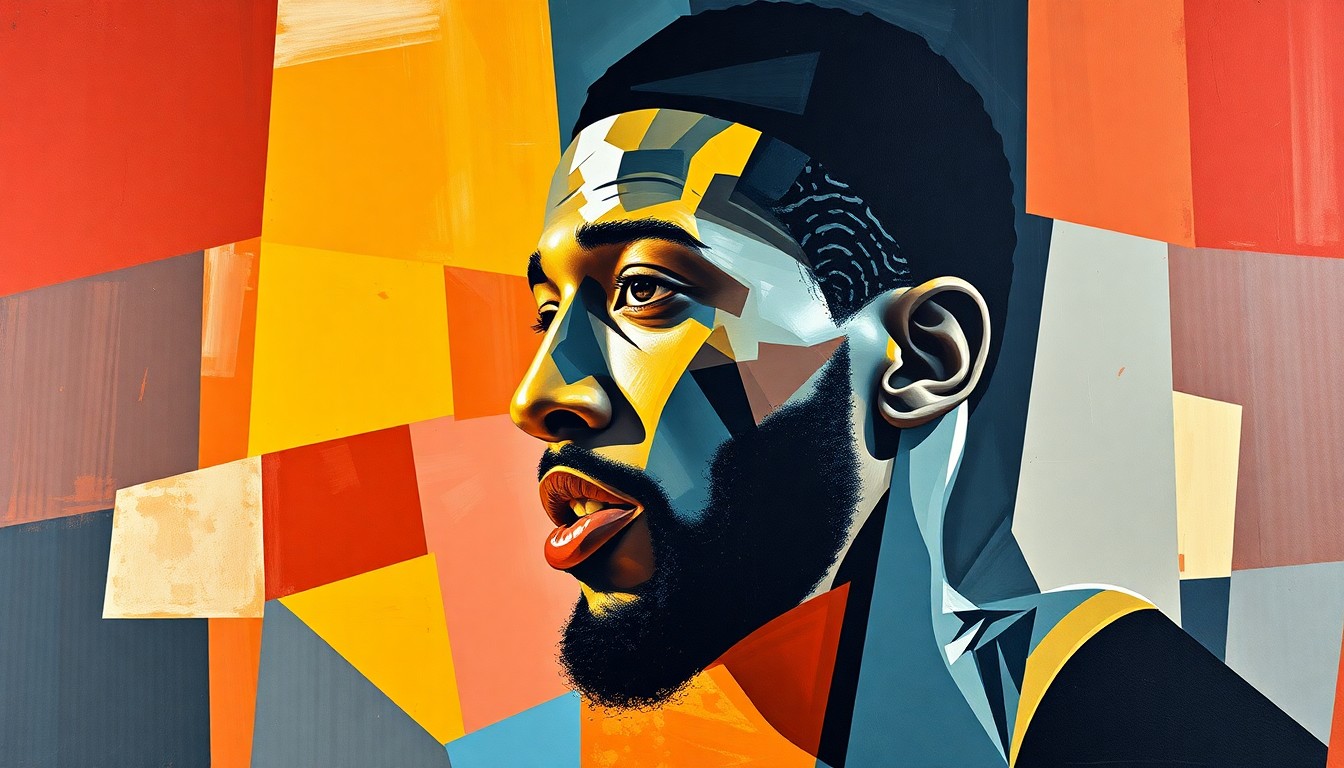 A fragmented, geometric painting depicting the various angles and perspectives of Anthony Davis' basketball career, with sharp planes and angles representing the tensions and complexities of his departure from the New Orleans Pelicans.