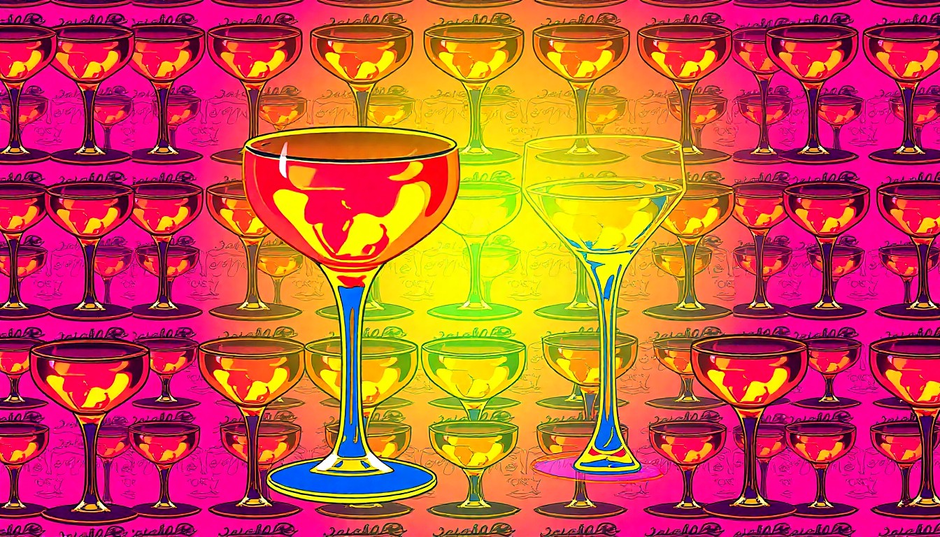 A highly stylized, pop art-inspired illustration featuring a repeating pattern of a classic New Orleans cocktail glass, rendered in bold, vibrant colors and heavy black outlines to capture the city's vibrant drinking culture.