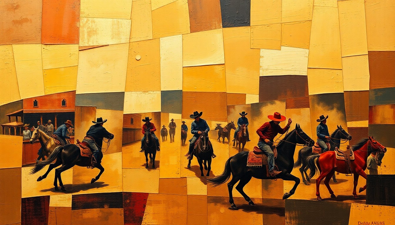 A cubist-style painting depicting a fragmented, geometric rodeo scene with overlapping planes of brown, ochre, and red tones, conceptually representing the energy and excitement of a new annual event in New Orleans.