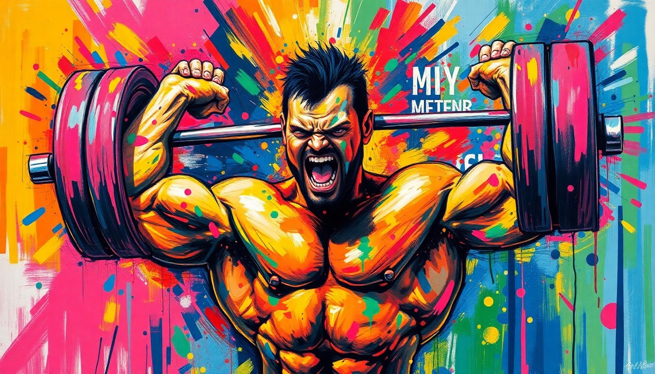 An abstract, energetic painting in neon colors depicting the powerful motion of a powerlifter lifting a heavy weight, their features blurred into expressive brushstrokes.