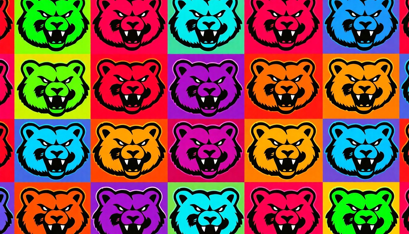 A brightly colored, high-contrast silkscreen print of a Kearney High School Bearcat mascot icon repeated in a tight grid pattern, utilizing flat, vibrant, and unnatural neon color palettes overlapping with heavy black photographic outlines to turn the school's iconic symbol into modern pop art.