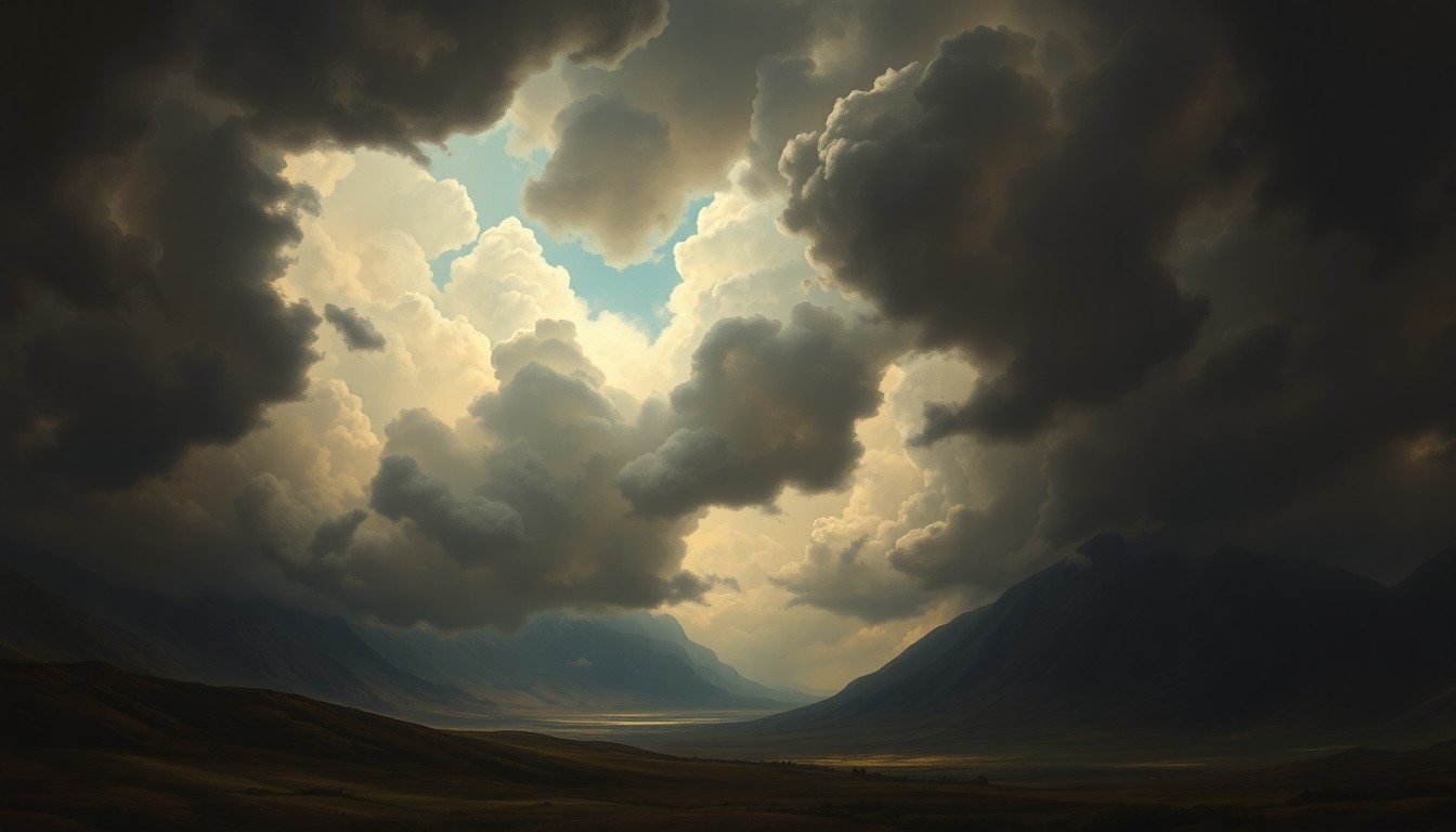 A sweeping, atmospheric landscape painting depicting an incoming storm system, with dark, dramatic clouds filling the sky and casting a foreboding shadow over the cityscape below.