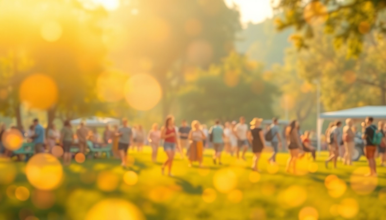 An extremely abstracted, out-of-focus photograph in soft, warm colors depicting people engaged in various outdoor activities and community events in a park-like setting.