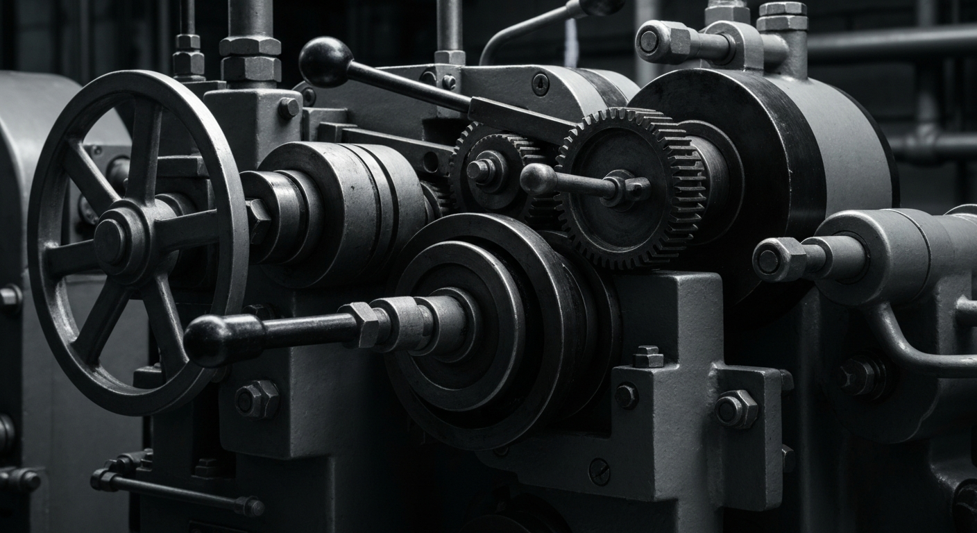 A cinematic macro photograph of heavy, industrial banking machinery and mechanisms in shades of steel grey, representing the physical underpinnings of the financial system.