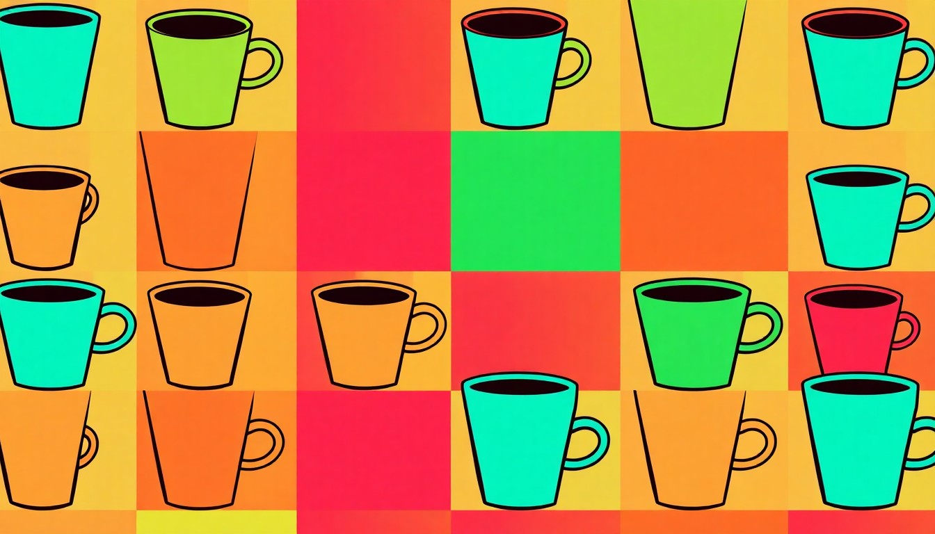 A brightly colored, high-contrast silkscreen print of a single, iconic coffee cup icon repeated in a tight grid pattern, utilizing flat, vibrant, and unnatural neon color palettes overlapping with heavy black photographic outlines to turn the everyday coffee cup into modern pop art, conceptually representing the debate over Philz Coffee's decision to remove Pride flags from its stores.