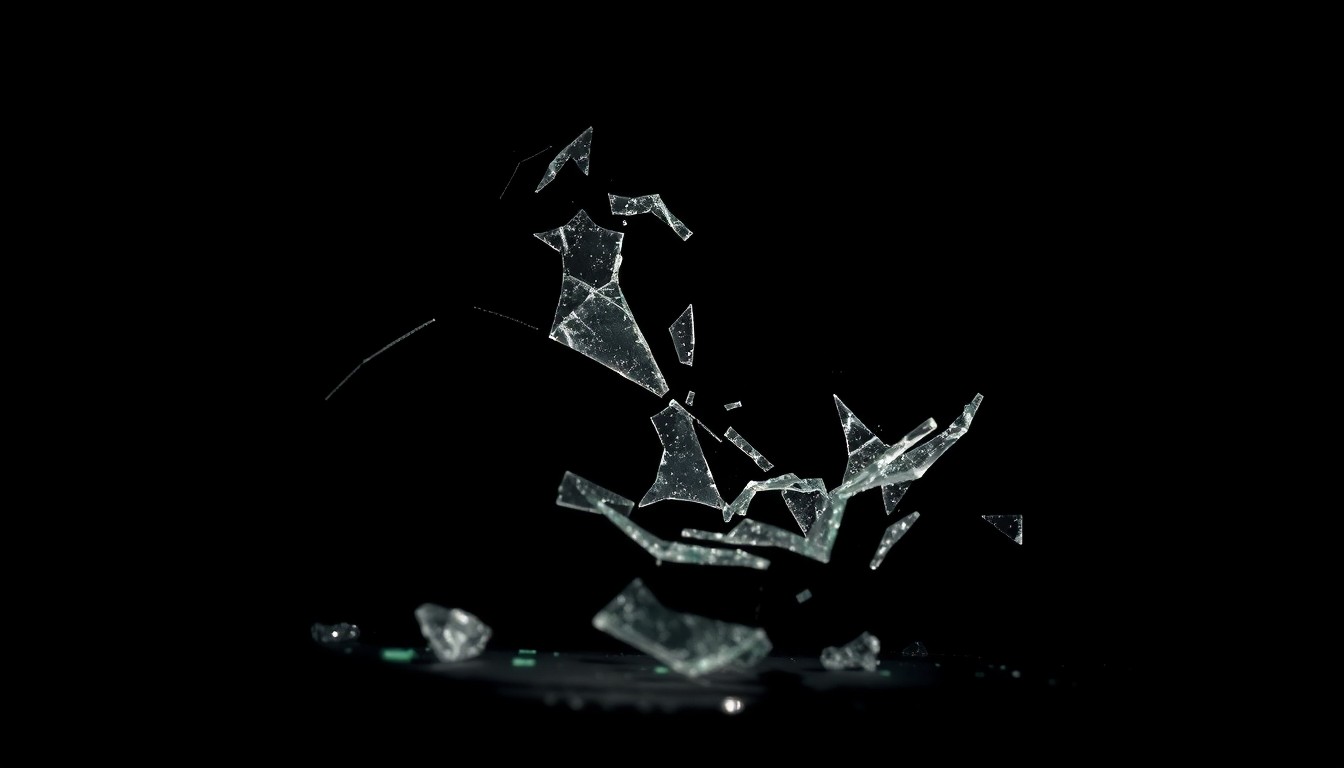 An extreme close-up photograph of shattered glass from a car windshield, dramatically lit by a harsh flash against a dark background, conceptually representing the grim aftermath of a fatal pedestrian accident.