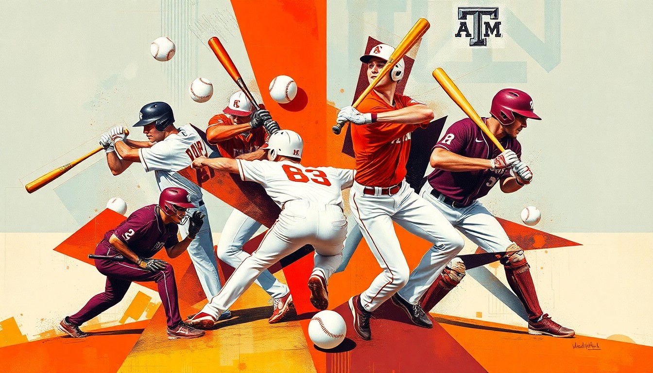 A fractured, cubist-style painting depicting the action and energy of a college baseball game, with players, bats, and baseballs rendered in the distinct colors of the Texas Longhorns and Texas A&M Aggies.