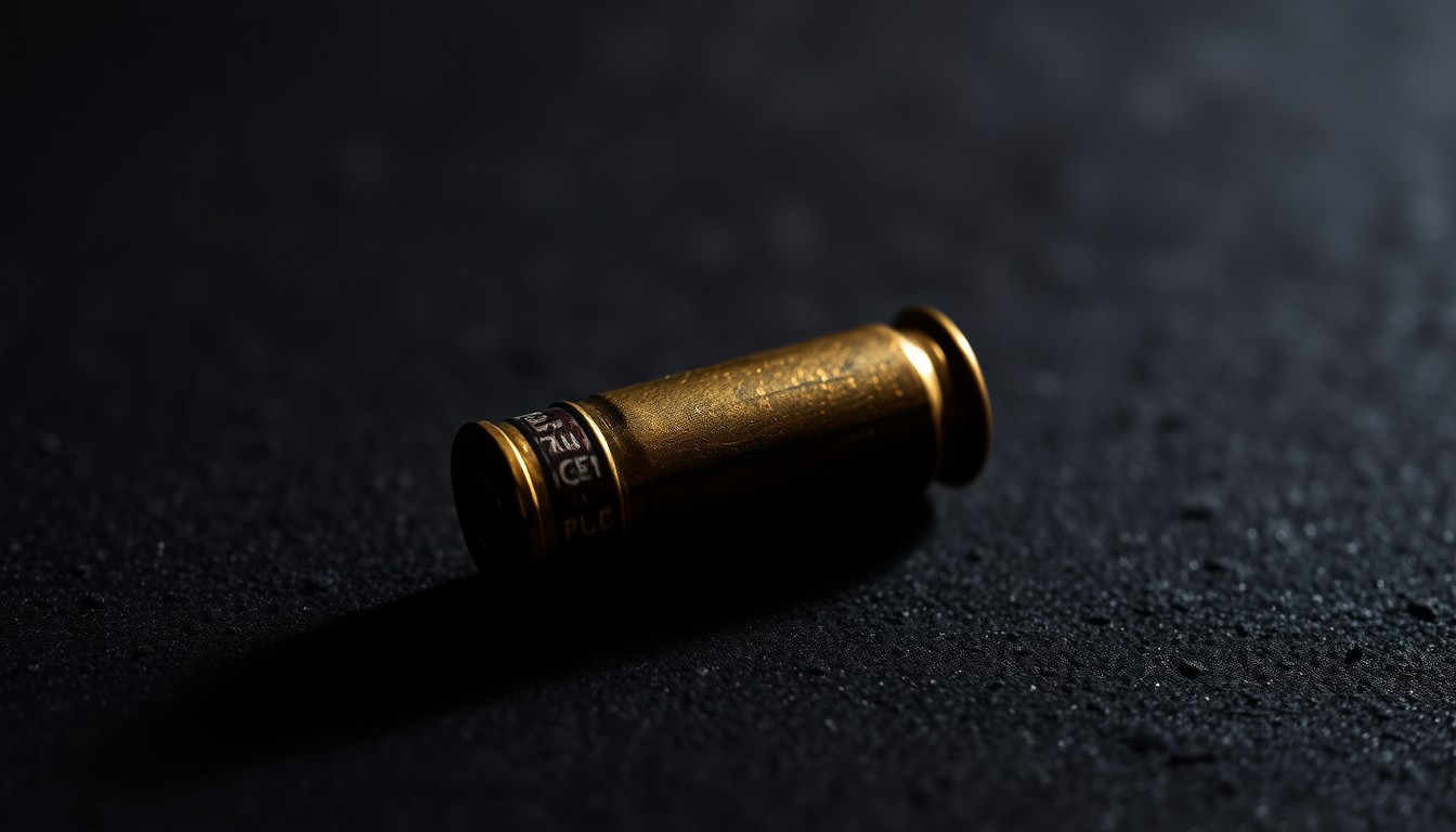 An extreme close-up photograph of a single spent bullet casing on a dark, textured surface, lit by a harsh, direct camera flash, conceptually representing the aftermath of a fatal shooting.