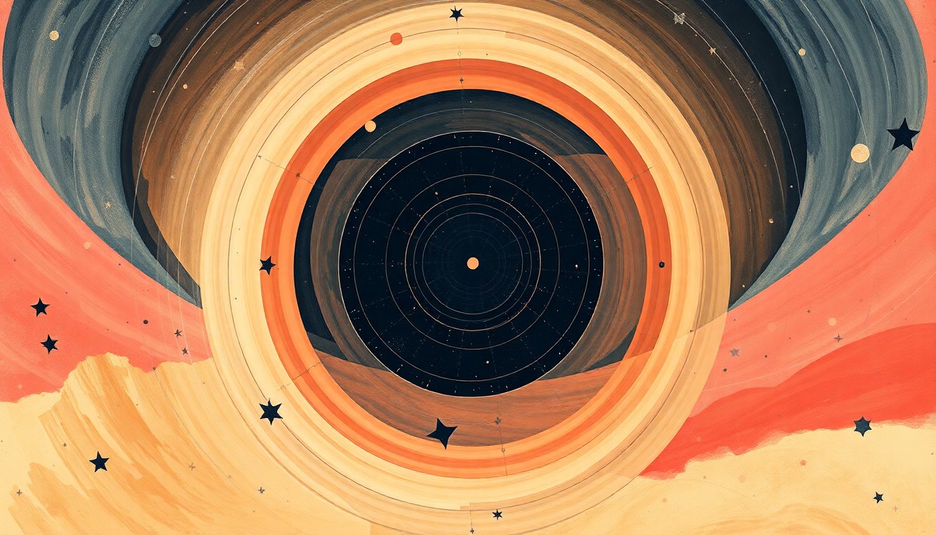 A vibrant abstract painting featuring sweeping geometric arcs, concentric planetary circles, and precise orbital spirals in soft, flat colors against a clean background, conveying the complex forces and concepts of space exploration.