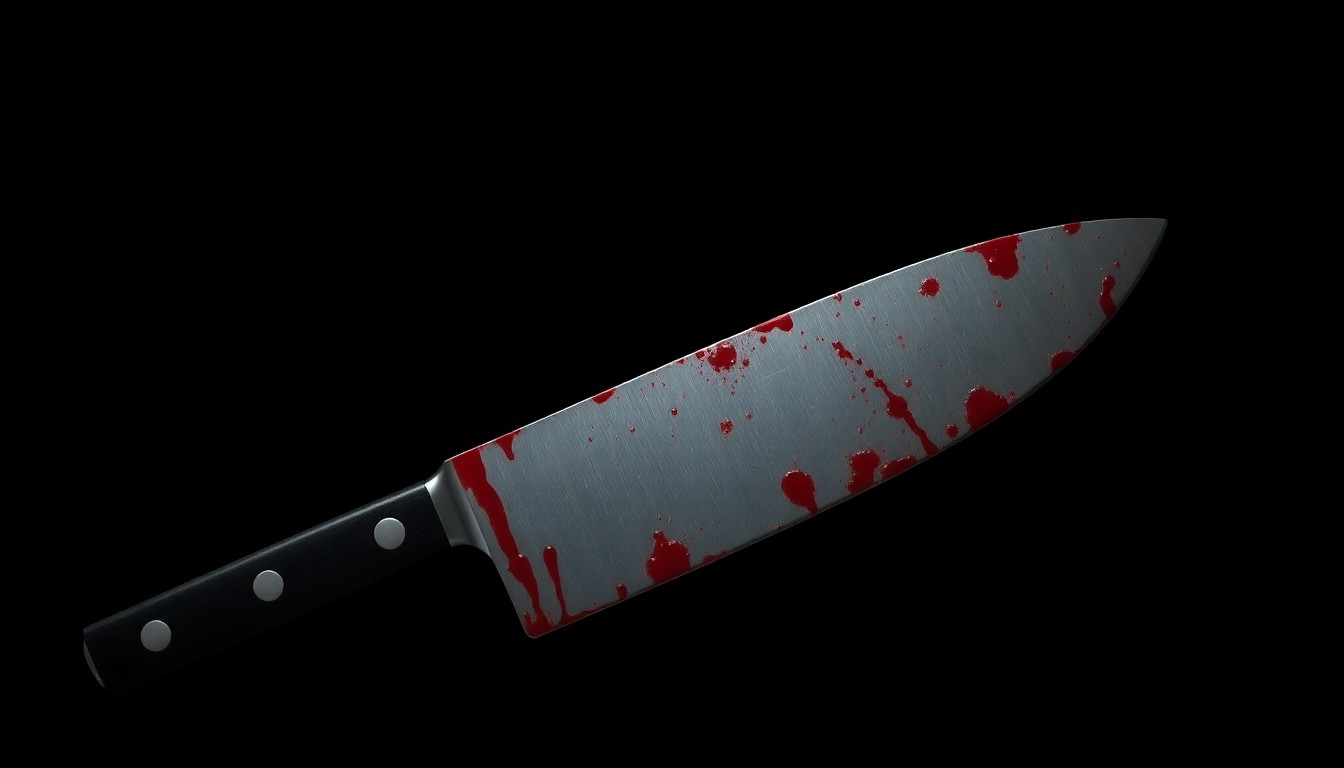 An extreme close-up of a bloodied kitchen knife, the harsh flash illuminating the sharp metal edge and crimson stains in stark contrast against the pitch-black background, conceptually representing the violent crime that took place.