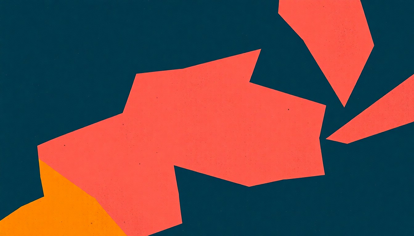 An abstract composition of overlapping, jagged geometric shapes in deep indigo, dusty rose, and warm ochre, representing the complex, genre-blending sound of the 1996 album Revival.