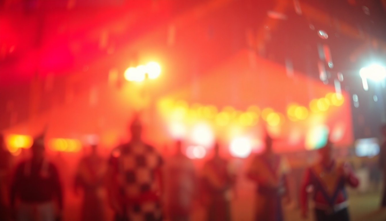 An abstract, impressionistic scene of blurred, colorful shapes and soft light, evoking the festive atmosphere and cultural significance of a Native American powwow celebration.