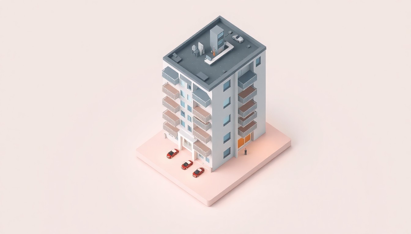 A miniature, stylized 3D illustration of a five-story apartment building with a residential lobby, parking, and balconies, representing the proposed development on N. Ashland in Chicago.
