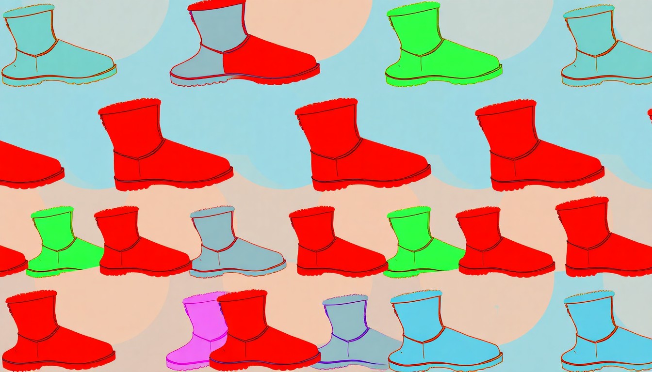A bold, colorful silkscreen-style illustration featuring a repeating pattern of a single UGG boot in bright, neon-inspired hues, conceptually representing the energy and iconic design of the brand's products.