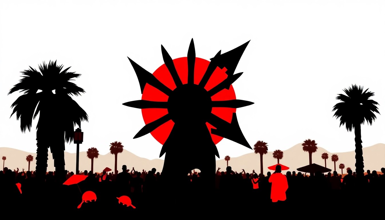 A bold, abstract composition of jagged, geometric shapes in striking red and white, conceptually representing the energy and diversity of the Coachella music festival.