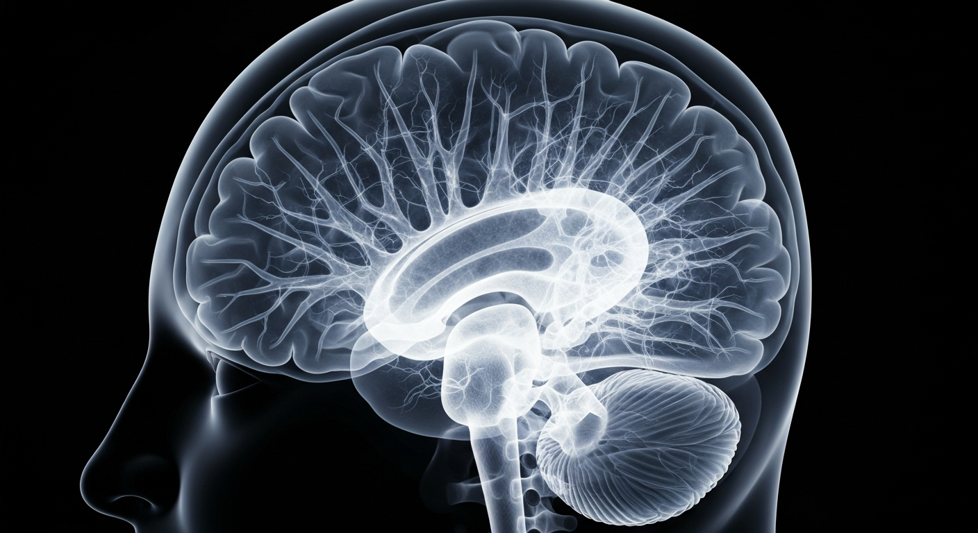A highly detailed, translucent X-ray image of the human brain, revealing the intricate neural pathways and structures in a ghostly, glowing manner against a dark background, conceptually representing the complex inner workings of the brain affected by Parkinson's disease.