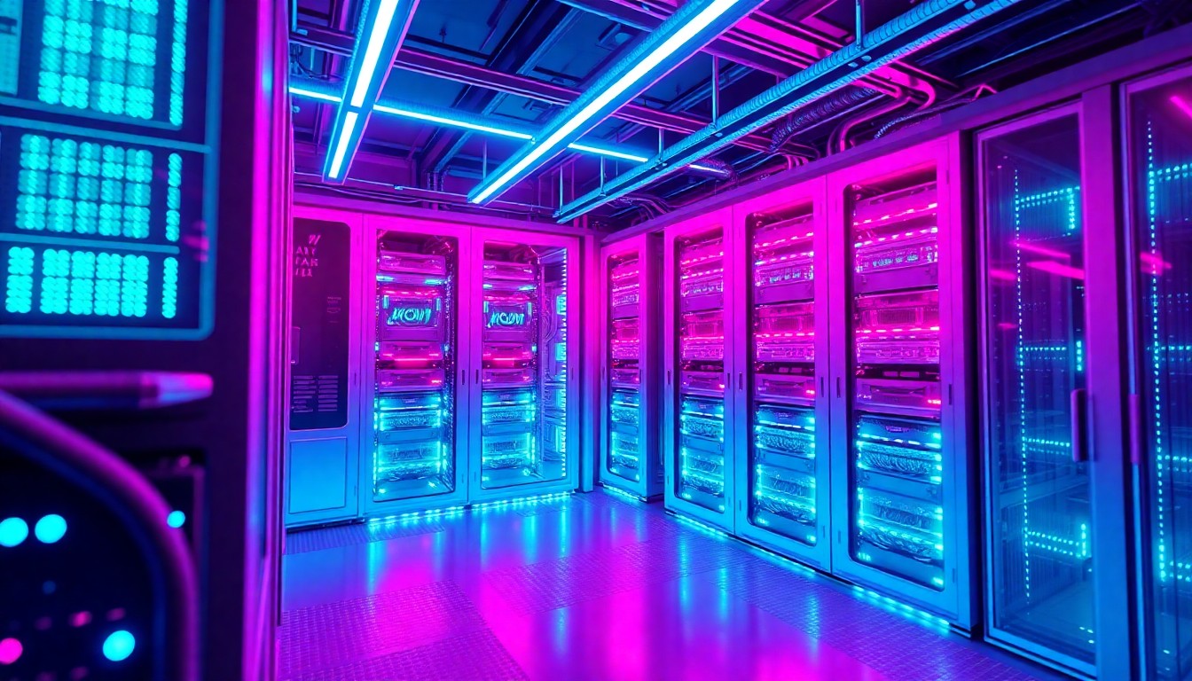 A highly detailed, glowing 3D illustration of a modular data center complex, with intricate cybernetic hardware and infrastructure elements illuminated by vibrant neon lights, conceptually representing the advanced cooling technologies enabling the growth of the crypto mining industry.