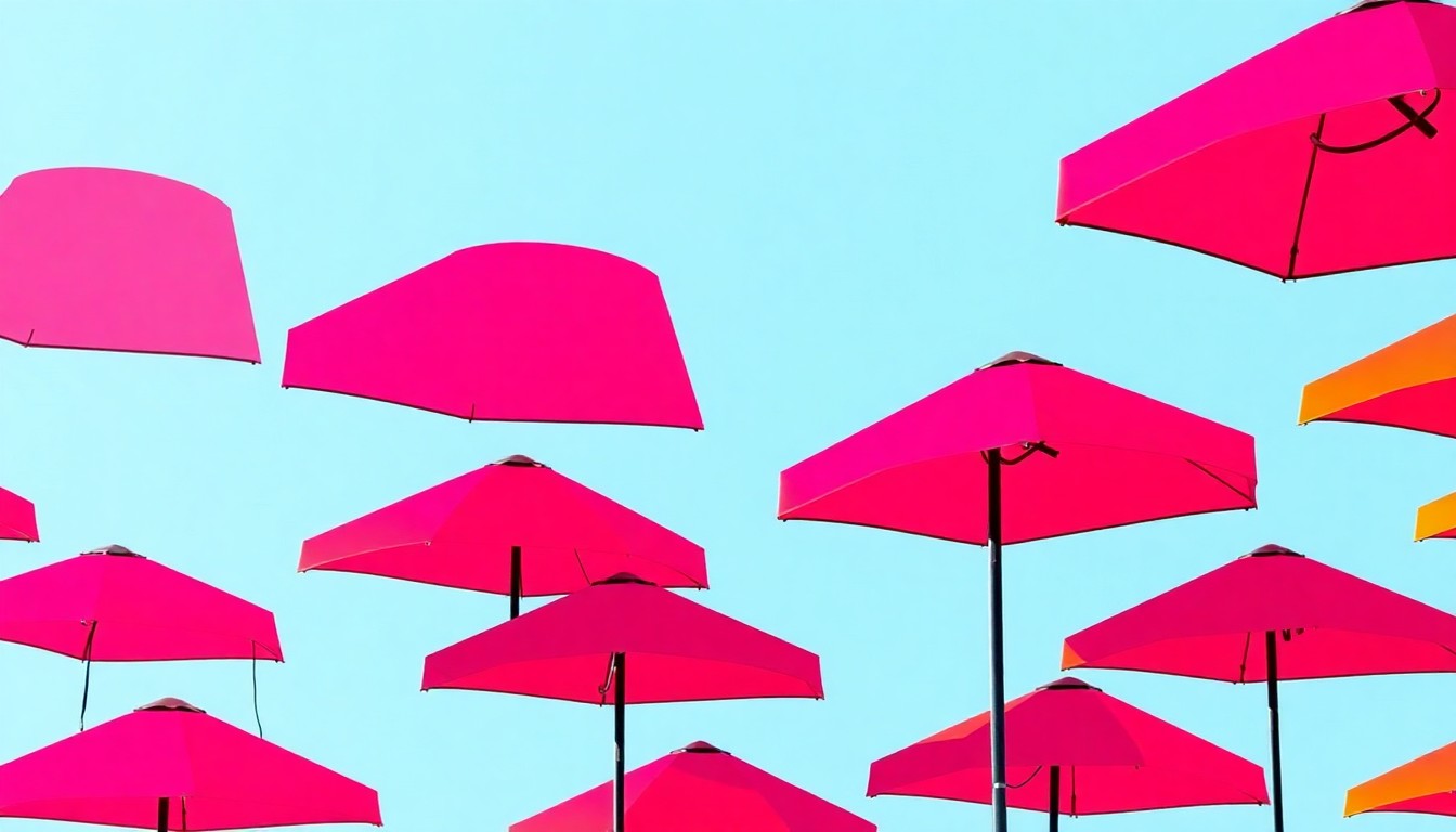 A bold, graphic illustration featuring a repeating pattern of a Shibumi Shade structure in vibrant neon colors, conceptually representing the ongoing debate over these sun-blocking devices in the coastal city.