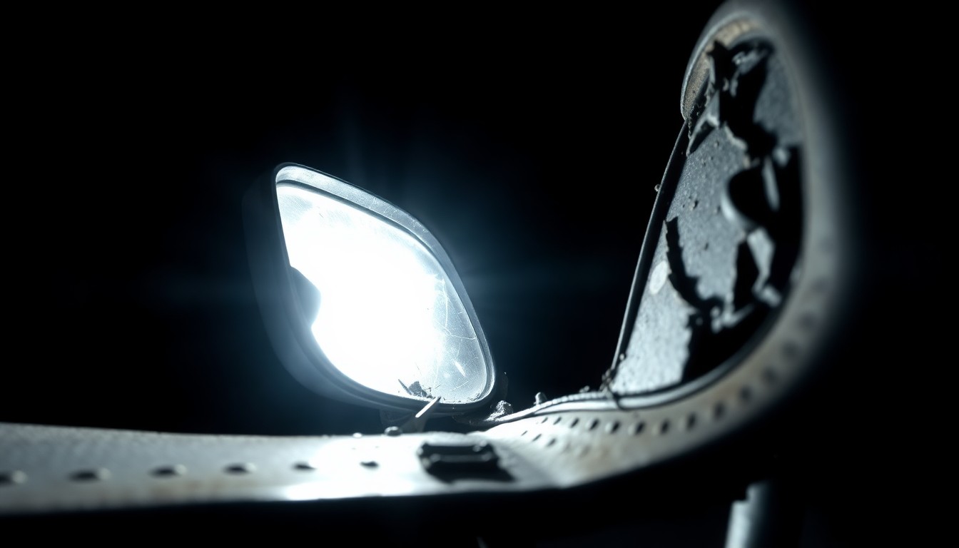 An extreme close-up photograph of a damaged car part, such as a shattered side mirror or crumpled metal, lit by a harsh, direct camera flash against a pitch-black background, conceptually illustrating the aftermath of a serious vehicular accident.