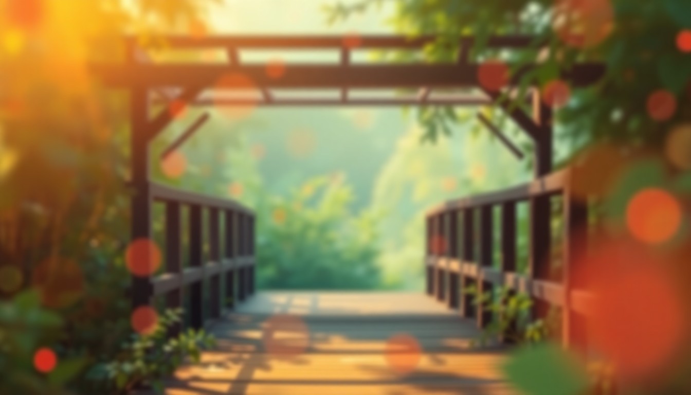 An abstract, impressionistic photograph in soft, warm tones depicting the outline of a wooden bridge structure surrounded by blurred, colorful shapes and greenery, conveying a serene, contemplative atmosphere.