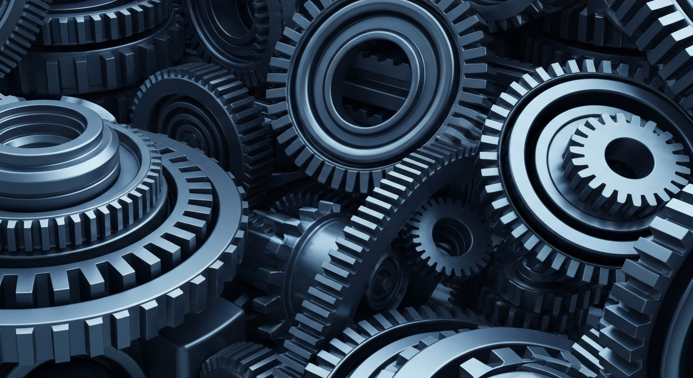 An extreme close-up of complex, interlocking gears and mechanical components in shades of gunmetal grey and steel blue, conceptually representing the powerful industrial infrastructure of a major semiconductor manufacturer.