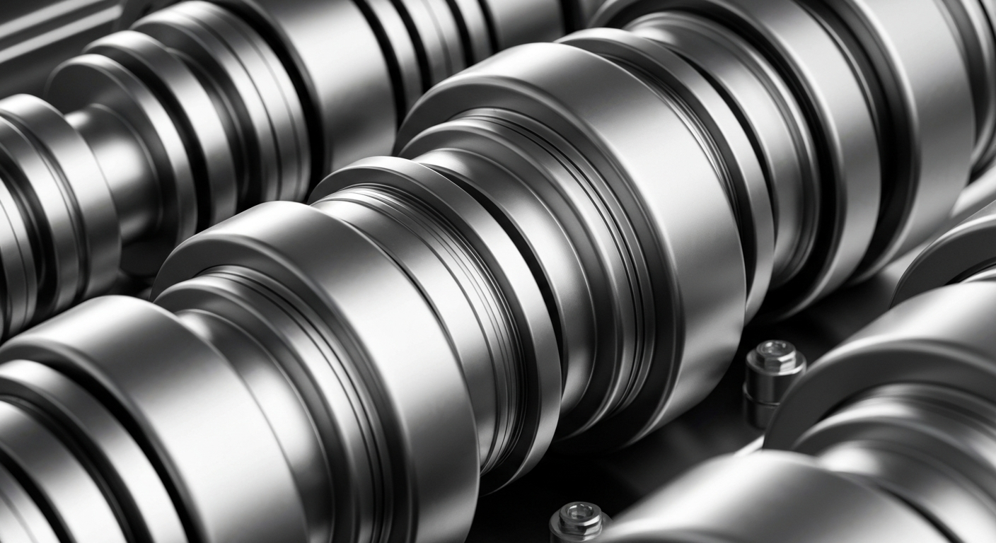 An extreme close-up of gleaming, intricate banking machinery and components, conveying the heavy, industrial nature of the financial sector without using any literal currency or charts.