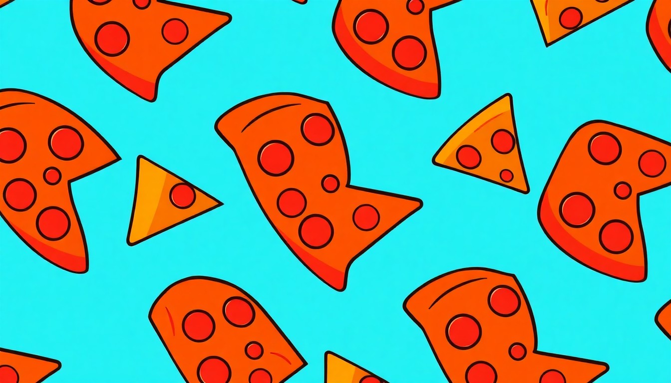 A high-contrast silkscreen print featuring a single pizza slice repeated in a grid pattern, rendered in a bright, neon color palette with heavy black outlines, conceptually representing a beloved neighborhood pizza joint.