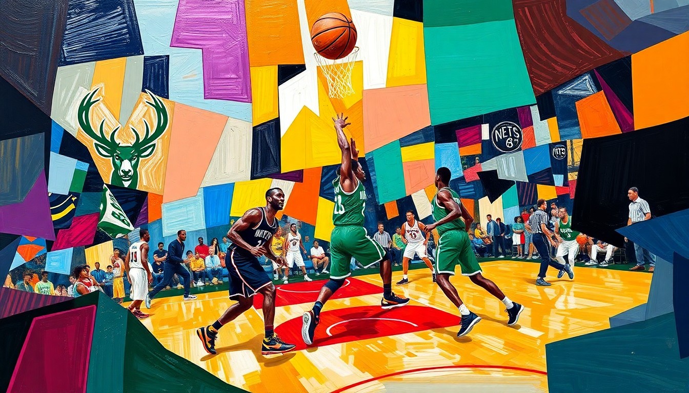 A cubist, geometric painting depicting a basketball game, with the court and players broken down into sharp, overlapping planes of color representing the uniforms of the Milwaukee Bucks and Brooklyn Nets.