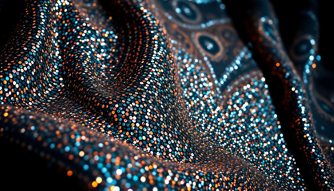 An extreme close-up photograph showcasing the intricate textures of shimmering sequins and plush velvet, conceptually representing the glamour and celebrity culture surrounding Violet Grohl's music career.
