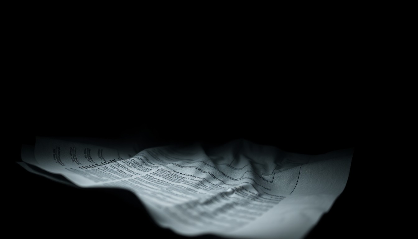 An extreme close-up of a crumpled financial document or contract, the harsh lighting creating dramatic shadows and textures that convey a sense of investigation and uncovering wrongdoing.