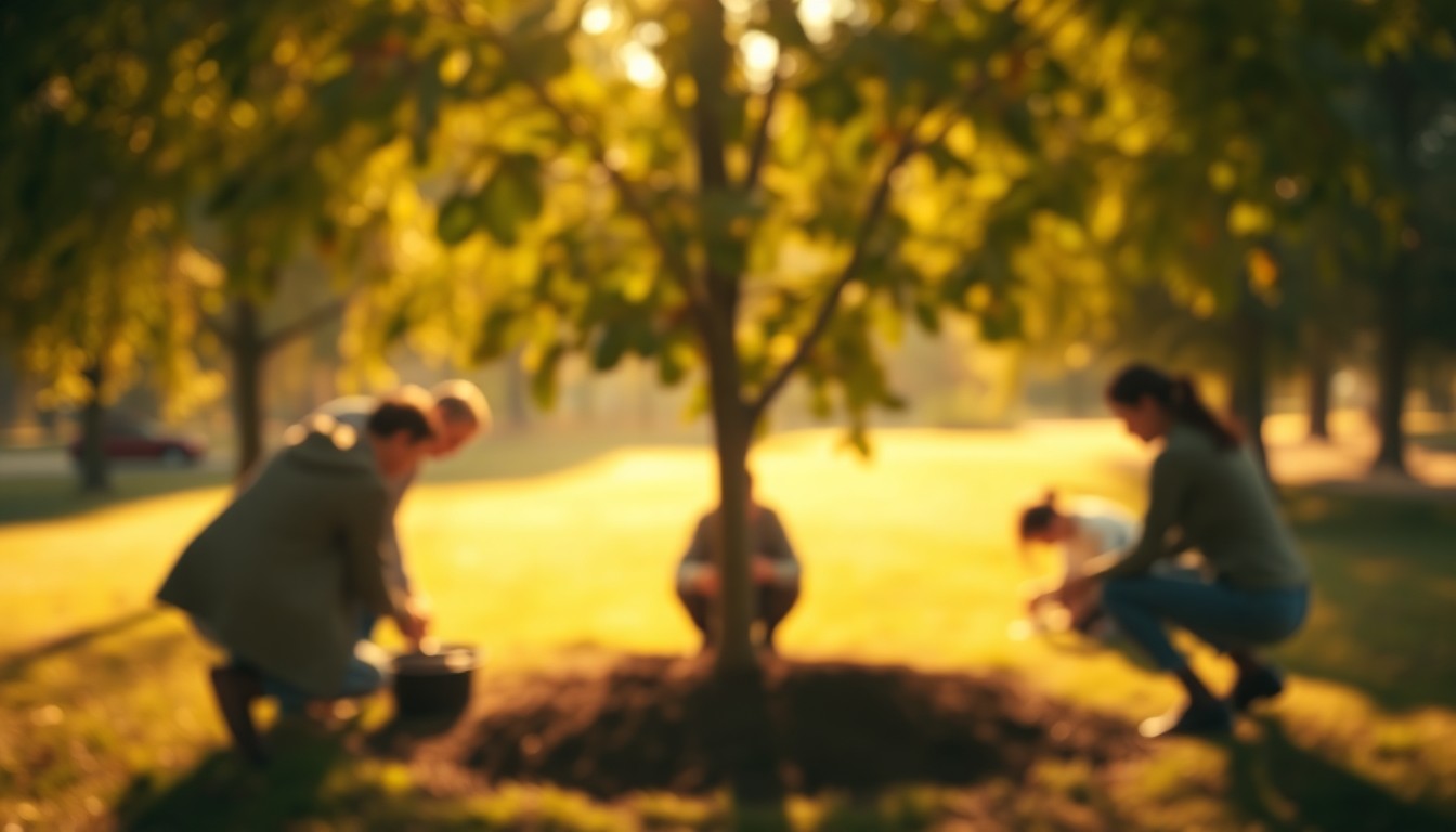 An abstract, out-of-focus photograph in warm, earthy tones showing the blurred silhouettes of people planting a tree in a park, with soft, diffused sunlight creating a dreamlike, atmospheric scene.