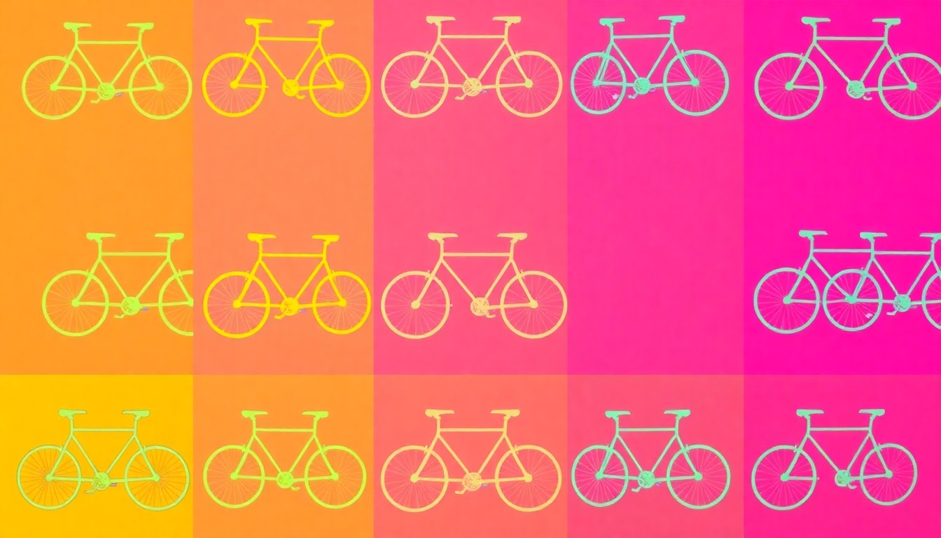 A repeating grid pattern of a stylized bicycle icon in bright neon blue, pink, and yellow, conceptually representing the new protected bike lane infrastructure in Jersey City.