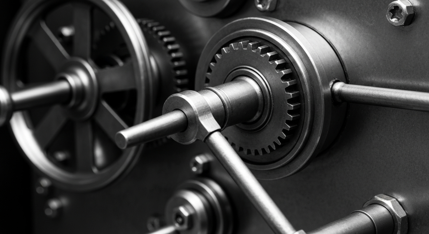 A dramatic close-up photograph of the intricate mechanical components of a banking vault or safe, conveying a sense of the complex, high-stakes machinery underlying the financial security of retirement savings.