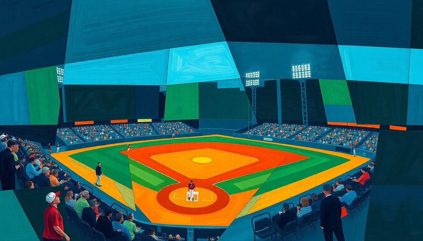 A cubist, geometric painting in navy, green, and orange hues, depicting a fragmented scene of a high school baseball game.