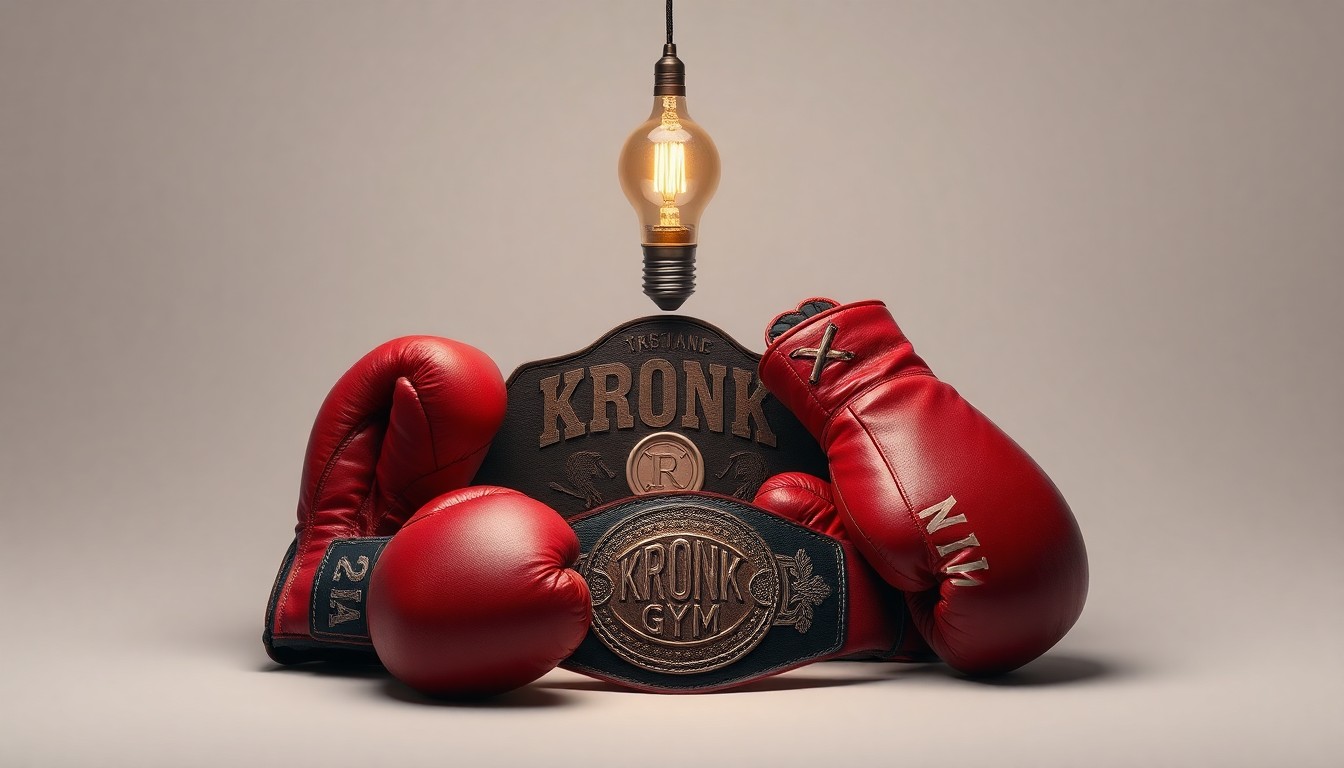 A photorealistic studio still life featuring vintage boxing gloves, a championship belt, and a single light bulb on a clean, monochromatic background, conceptually representing the legacy of the Kronk Gym in Detroit.