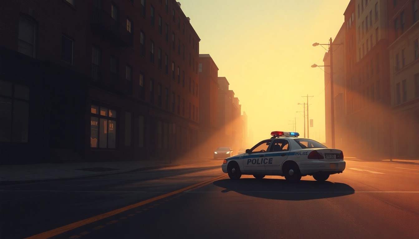 A photorealistic painting of a lone police car parked on an empty urban street, the vehicle's silhouette cast in deep shadows while warm sunlight bathes the surrounding buildings, creating a contemplative, cinematic mood that reflects the political tensions over public safety in the city.
