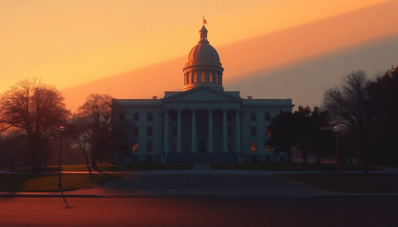 A photorealistic painting of a stately North Carolina state capitol building in a warm, golden light, with deep shadows casting across the facade, evoking a sense of quiet contemplation about the political decisions made within.