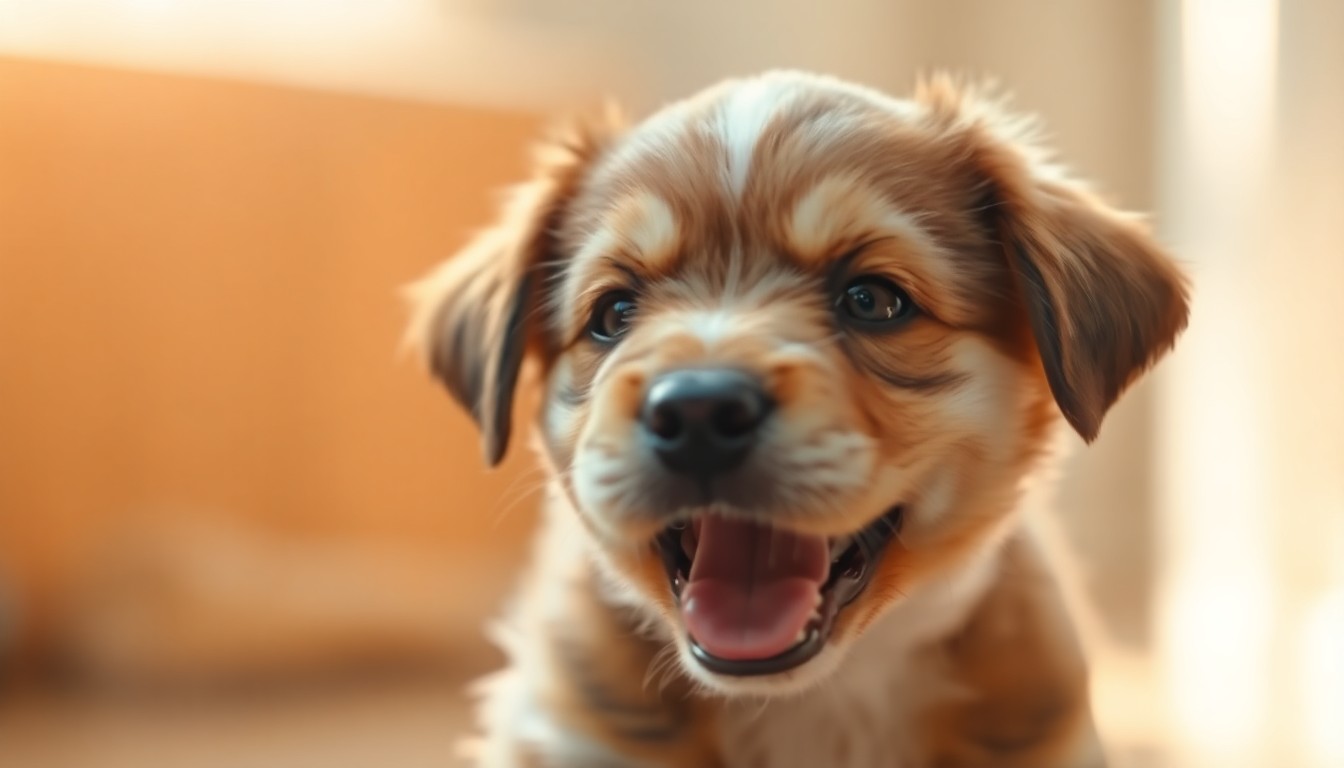 An abstract, out-of-focus photograph depicting the playful energy and affectionate personality of a puppy, with soft pools of warm color and light surrounding the indistinct features.