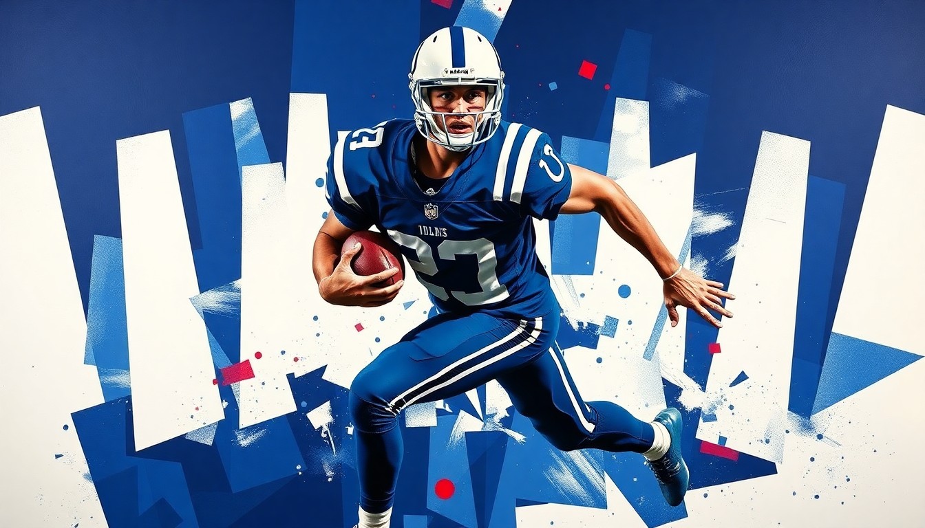 A cubist, geometric painting depicting a football player in motion, with sharp planes of navy blue, white, and red overlapping to create a fragmented, multi-perspective view of the athlete.