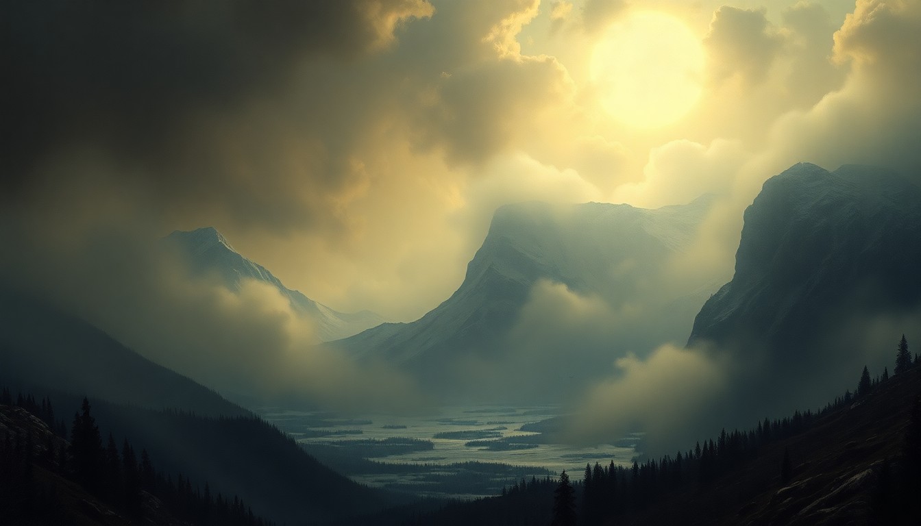 A vast, majestic landscape painting in muted tones of grey, blue, and white, with a sense of atmospheric depth and dramatic lighting that dwarfs any physical structures, conveying the overwhelming scale and power of the natural world.