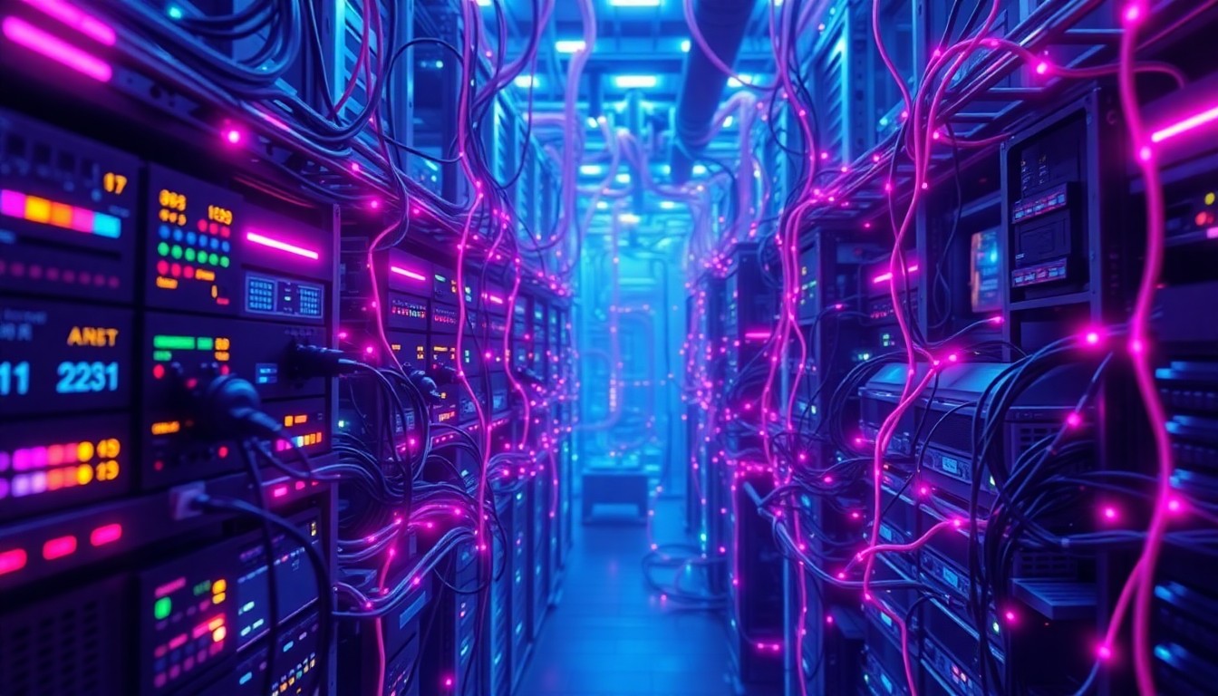 A highly detailed, glowing 3D macro illustration of a complex network of interconnected servers, cables, and digital infrastructure in shades of neon blue, purple, and magenta, conceptually representing the scale and complexity of the digital systems that power modern schools.