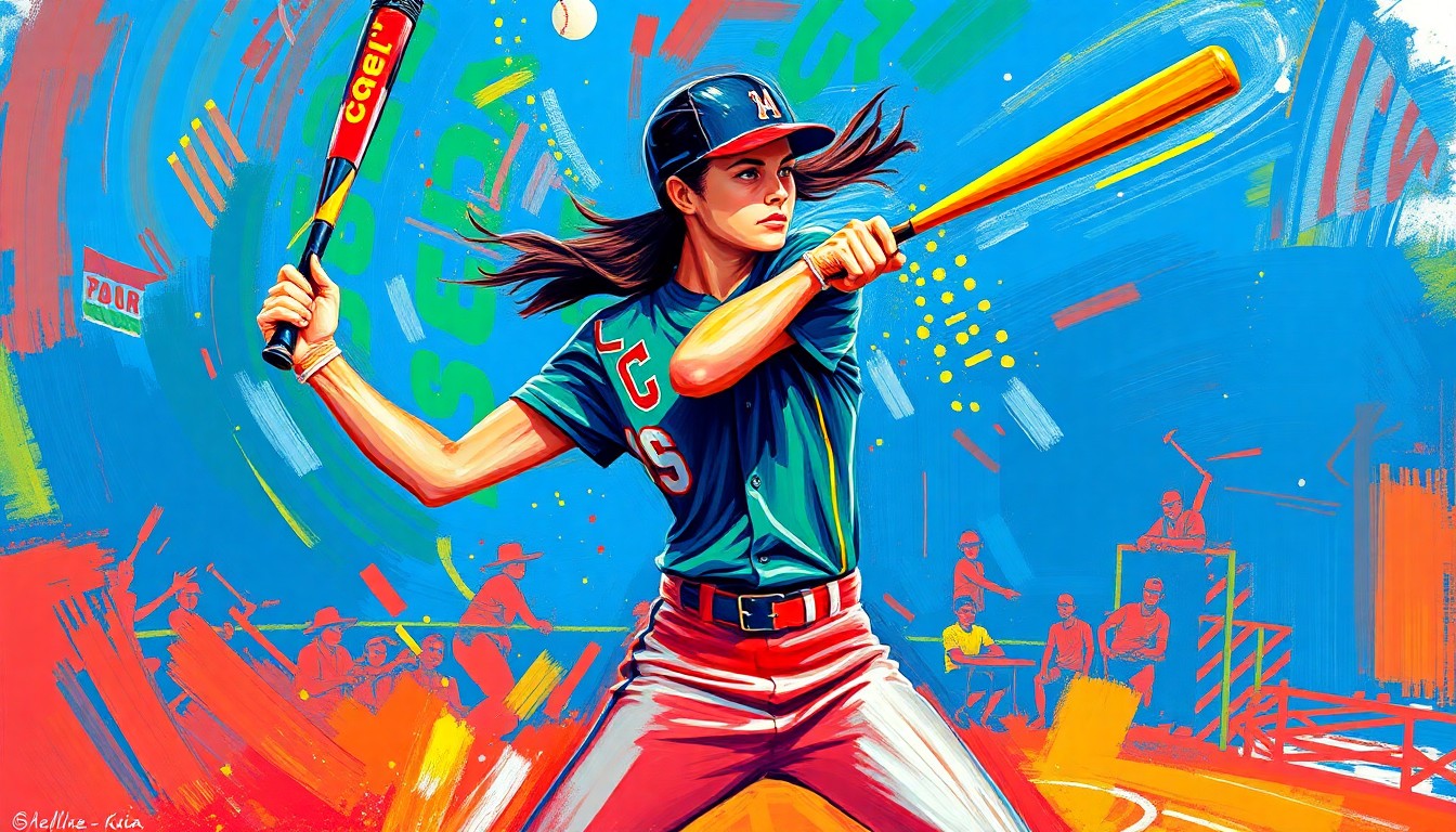 An extreme close-up of a softball player mid-swing, with vibrant neon colors and rapid brushstrokes capturing the raw energy and motion of the batter.