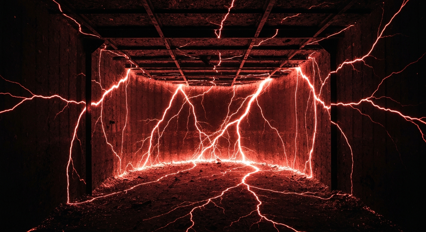 A ghostly, translucent X-ray photograph revealing the internal structure of a coal ash containment pond, with glowing veins of toxic heavy metals like mercury, cadmium, and chromium, conceptually illustrating the hidden dangers of this industrial waste.