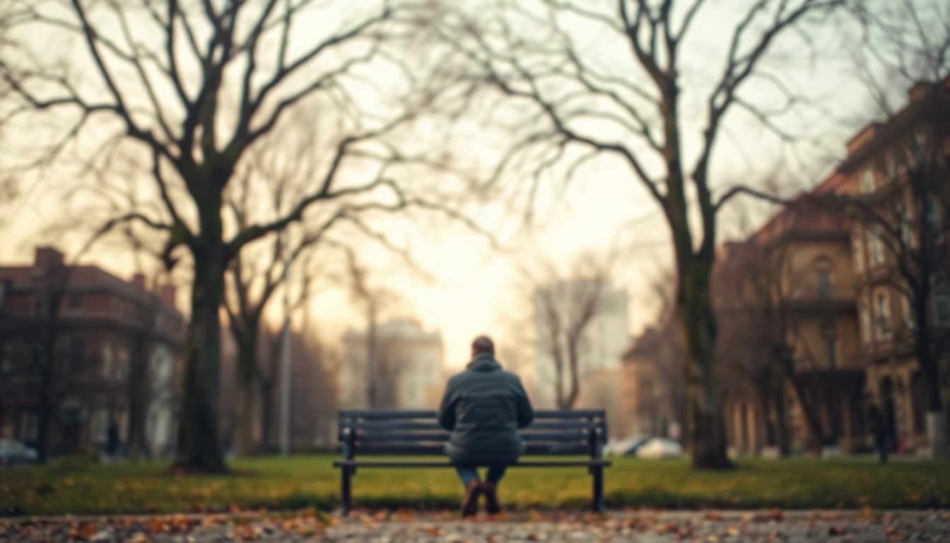 An extremely abstracted, out-of-focus photograph in soft pools of warm color and light, depicting an anonymous person sitting alone on a park bench surrounded by blurred trees and buildings, conveying a sense of solitude and isolation.