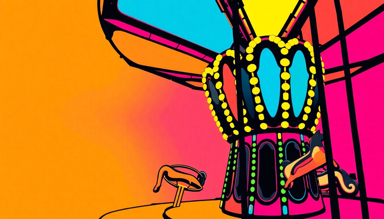 A high-contrast, silkscreen-style illustration featuring a repeated image of a classic carnival ride, such as a Ferris wheel or carousel, in a grid pattern with bold, neon-like colors and heavy black outlines, capturing the energy and excitement of a spring fair.