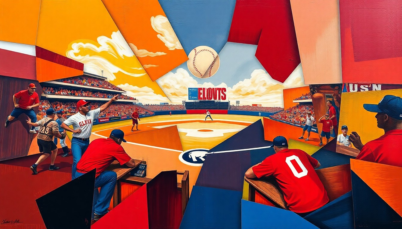 A fractured, cubist-style painting depicting the action of a softball game, with sharp geometric shapes and planes in the team colors of Texas and Oklahoma, conveying the intensity and rivalry of the matchup.