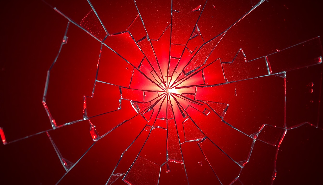 An abstract close-up photograph of shattered glass reflecting a dim, reddish light, conveying a sense of emotional fragility and heartbreak.