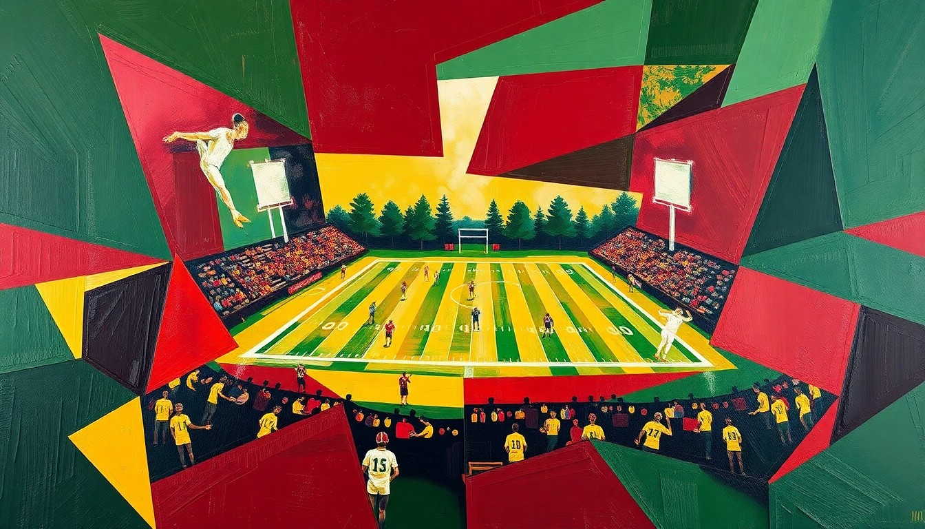 A cubist-style painting depicting a high school football game broken down into overlapping geometric shapes and planes in deep maroon, forest green, and golden yellow, conveying the conceptual idea of the sport's growth and changing dynamics.