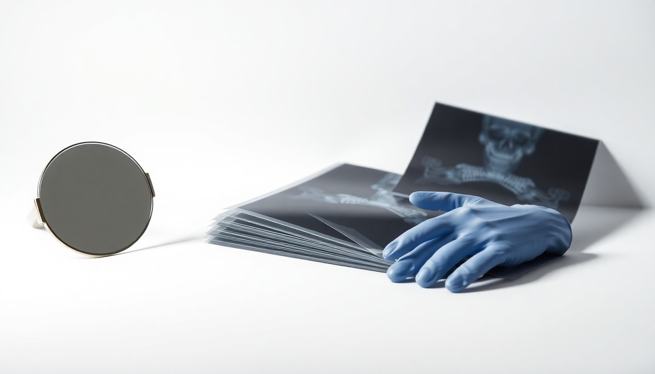 A minimalist studio still life photograph featuring dental equipment like x-ray films, a mirror, and gloves, symbolizing the data breach incident at Absolute Dental Group.
