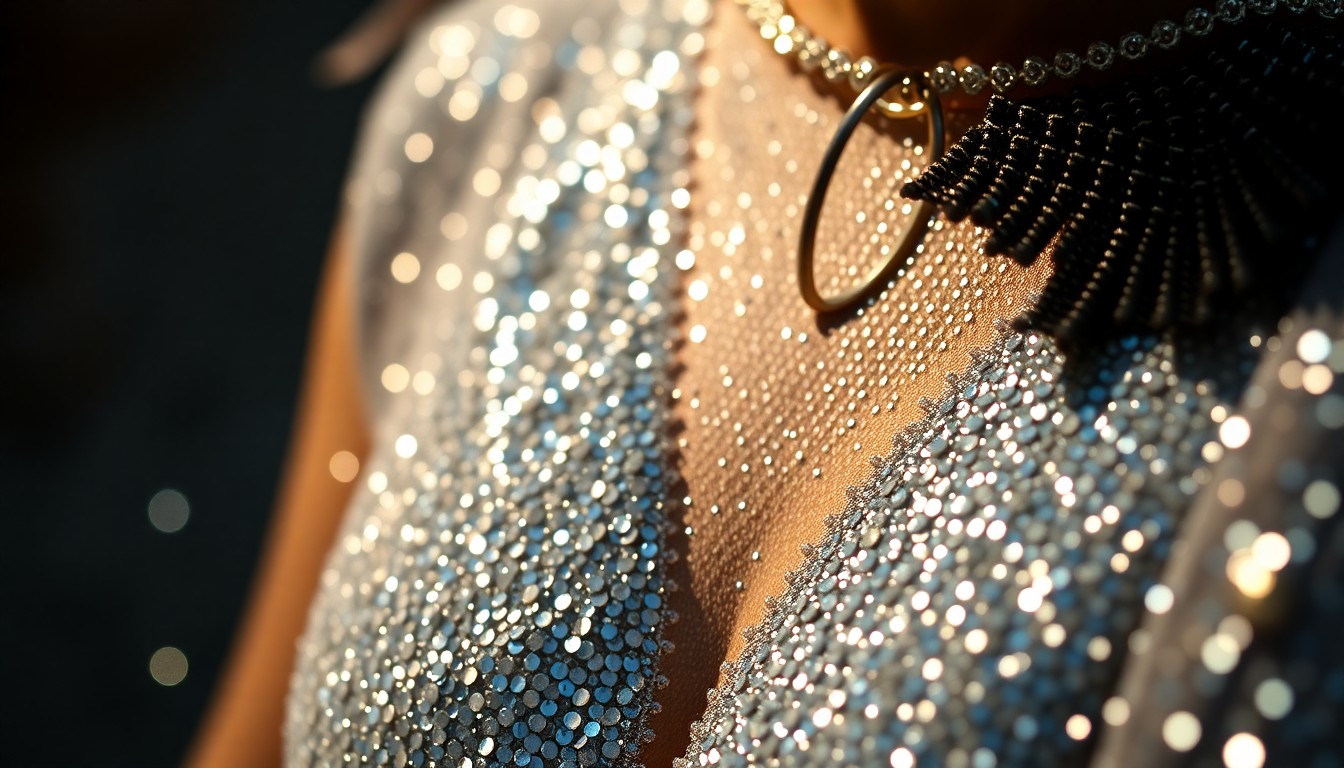 An extreme close-up photograph of shimmering, glittering fabric textures in vibrant colors, capturing the luxurious and glamorous aesthetic of Coachella fashion.